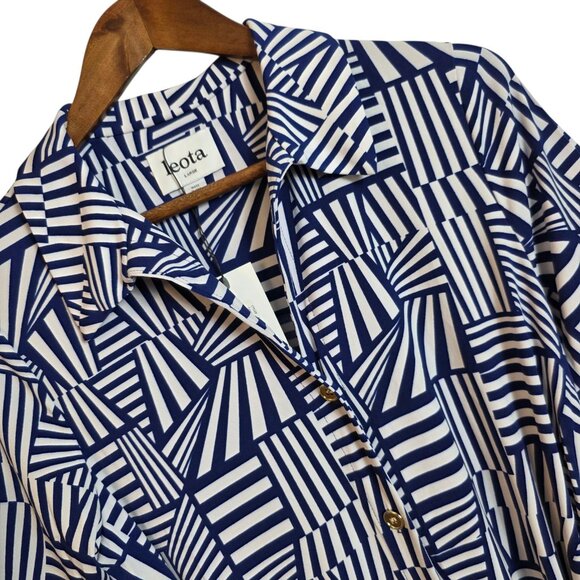 SOLD Leota Dress Womens Large Blue White Starboard Stripe Belted Shirt Midi - Picture 3 of 12